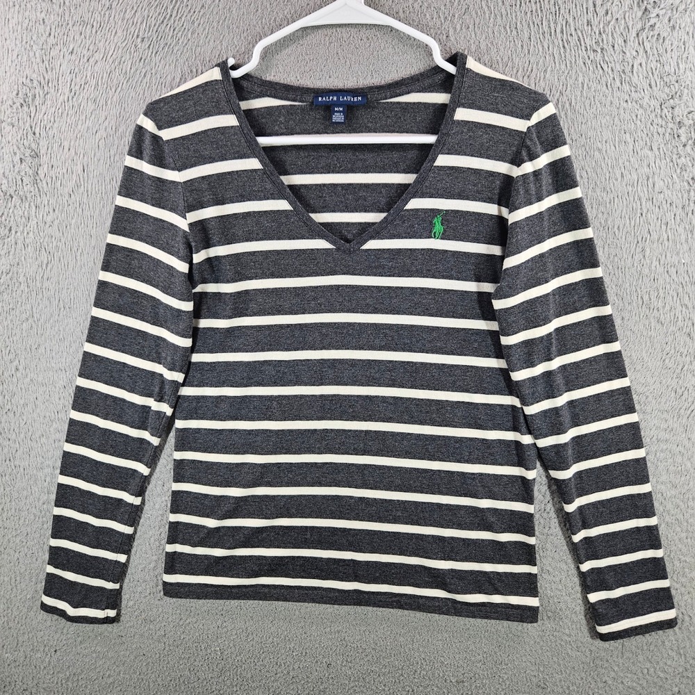 Ralph Lauren Womens Gray Striped V-Neck Long Sleeve Cotton T-Shirt Size M